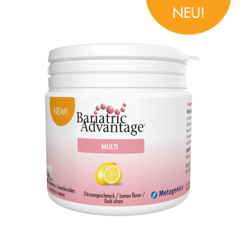Bild der Bariatric Advantage Multi-Zitrone Kautabletten (90 Stück), einer Multivitamin- und Mineralstoffformel speziell für bariatrische Patienten. Jede Kautablette liefert mindestens 200 % des Tagesbedarfs an 12 wichtigen Nährstoffen und 100 % des Tagesb