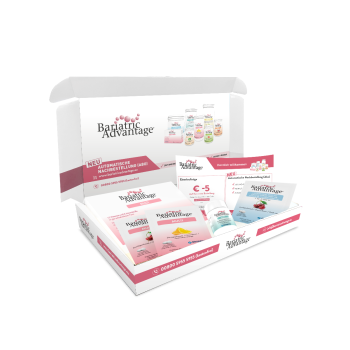 Bild des Bariatric Advantage Starterkits, das Multivitamine und Mineralien in Kapsel- und Kautablettenform enthält. Das Kit ist für bariatrische Patienten konzipiert und enthält eine 19-tägige Versorgung mit Vitaminen und Mineralien sowie Proben von Kalzi