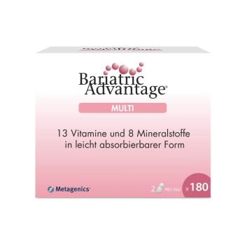 Bild der Bariatric Advantage Multi-Kapseln (180 Stück), einer Multivitamin- und Mineralstoffformel speziell für bariatrische Patienten. Jede Portion von sechs Kapseln liefert mindestens 200 % des Tagesbedarfs an 12 wichtigen Nährstoffen und 100 % des Tage