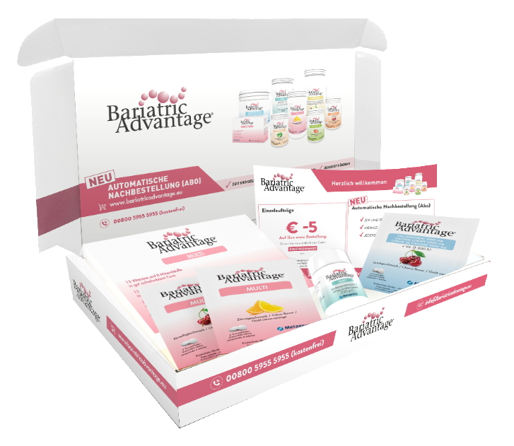 Starterkit Bariatric Advantage. Open box with Bariatric Advantage Multi, Calcium, Whey